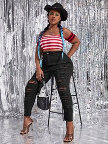 Quần Denim kích thước lớn Nút Bị tách màu trơn - màu đen - Xem 3