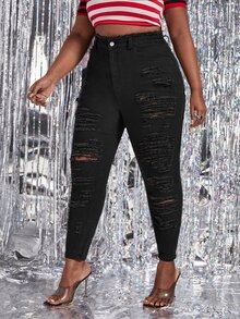 Quần Denim kích thước lớn Nút Bị tách màu trơn - màu đen - Xem 4