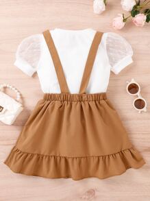 SHEIN 少女泡泡袖實色t恤和卡通刺繡荷葉邊連身裙 - 彩色 - 查看 2