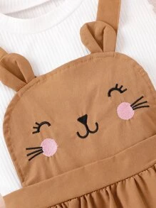 SHEIN 少女泡泡袖實色t恤和卡通刺繡荷葉邊連身裙 - 彩色 - 查看 5