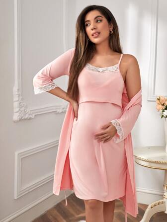 Moonlight & Mama Maternity Floral Lace Trim Robe & Slip Dress For Mother, Fall Winter Clothes