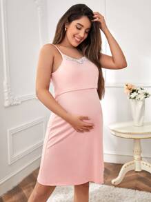 SHEIN Maternity Floral Lace Trim Robe & Slip Dress For Mother, Fall Winter Clothes