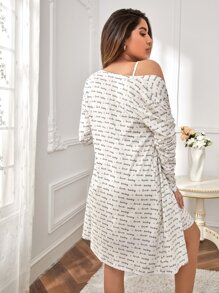 SHEIN Maternidad con estampado de slogan Vestido de tirantes & Bata Conjunto de pijama - Blanco - Ver 2