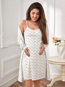 SHEIN Maternidad con estampado de slogan Vestido de tirantes & Bata Conjunto de pijama - Blanco - Ver 5