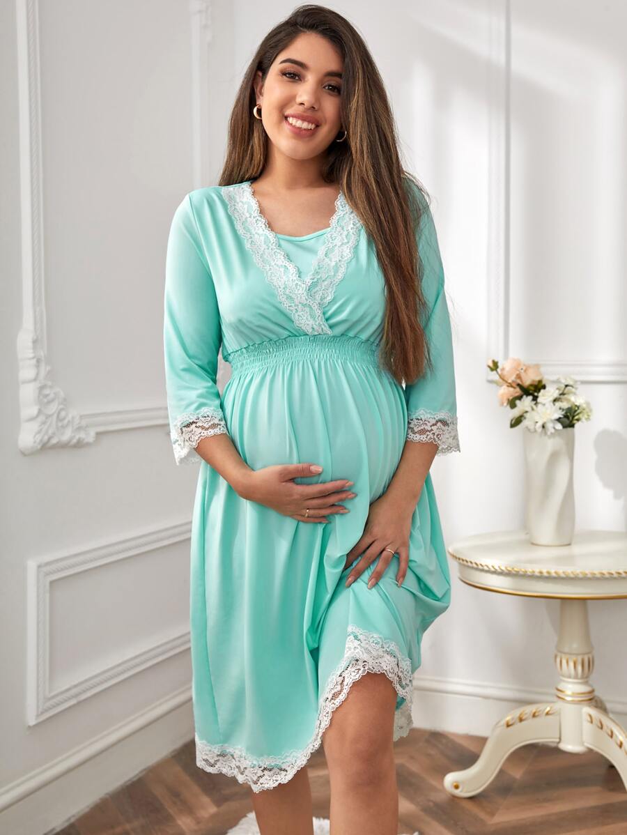 SHEIN Maternity Lace Trim Lounge Dress - Mint Blue - View 1