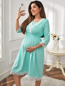 SHEIN Maternity Lace Trim Lounge Dress - Mint Blue - View 3