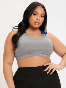 Plus Colourblock Criss Cross Crop Sports Bra - Grey - View 1