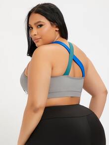 Plus Colourblock Criss Cross Crop Sports Bra - Grey - View 2