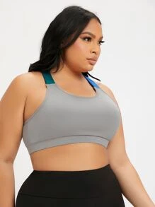 Plus Colourblock Criss Cross Crop Sports Bra - Grey - View 3