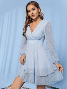 Double Crazy Đầm phân lớp Trọn gói Dây kéo màu trơn Thanh lịch - Màu xanh nhạt - Xem 3