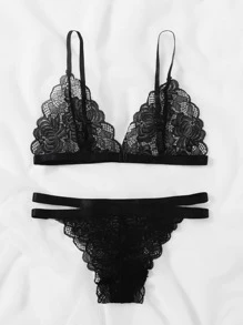 花卉蕾丝性感文胸和内裤内衣套装 - 黑色 - 查看 2