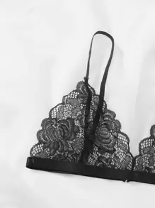 花卉蕾丝性感文胸和内裤内衣套装 - 黑色 - 查看 3