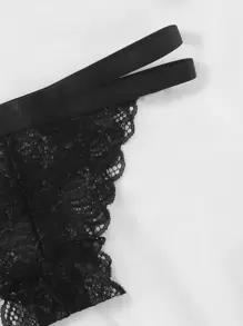 花卉蕾丝性感文胸和内裤内衣套装 - 黑色 - 查看 4