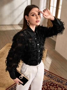 Modelyn Button Through Fuzzy Detail Shirt - Black - View 1