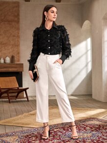 Modelyn Button Through Fuzzy Detail Shirt - Black - View 3