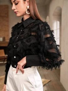 Modelyn Button Through Fuzzy Detail Shirt - Black - View 4