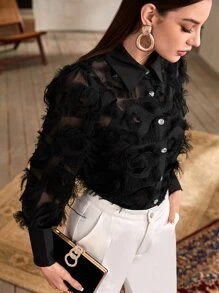 Modelyn Button Through Fuzzy Detail Shirt - Black - View 5