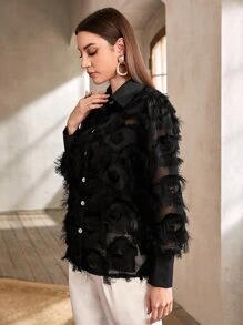 Modelyn Button Through Fuzzy Detail Shirt - Black - View 6