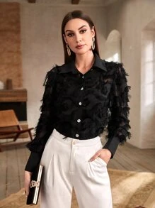 Modelyn Button Through Fuzzy Detail Shirt - Black - View 8