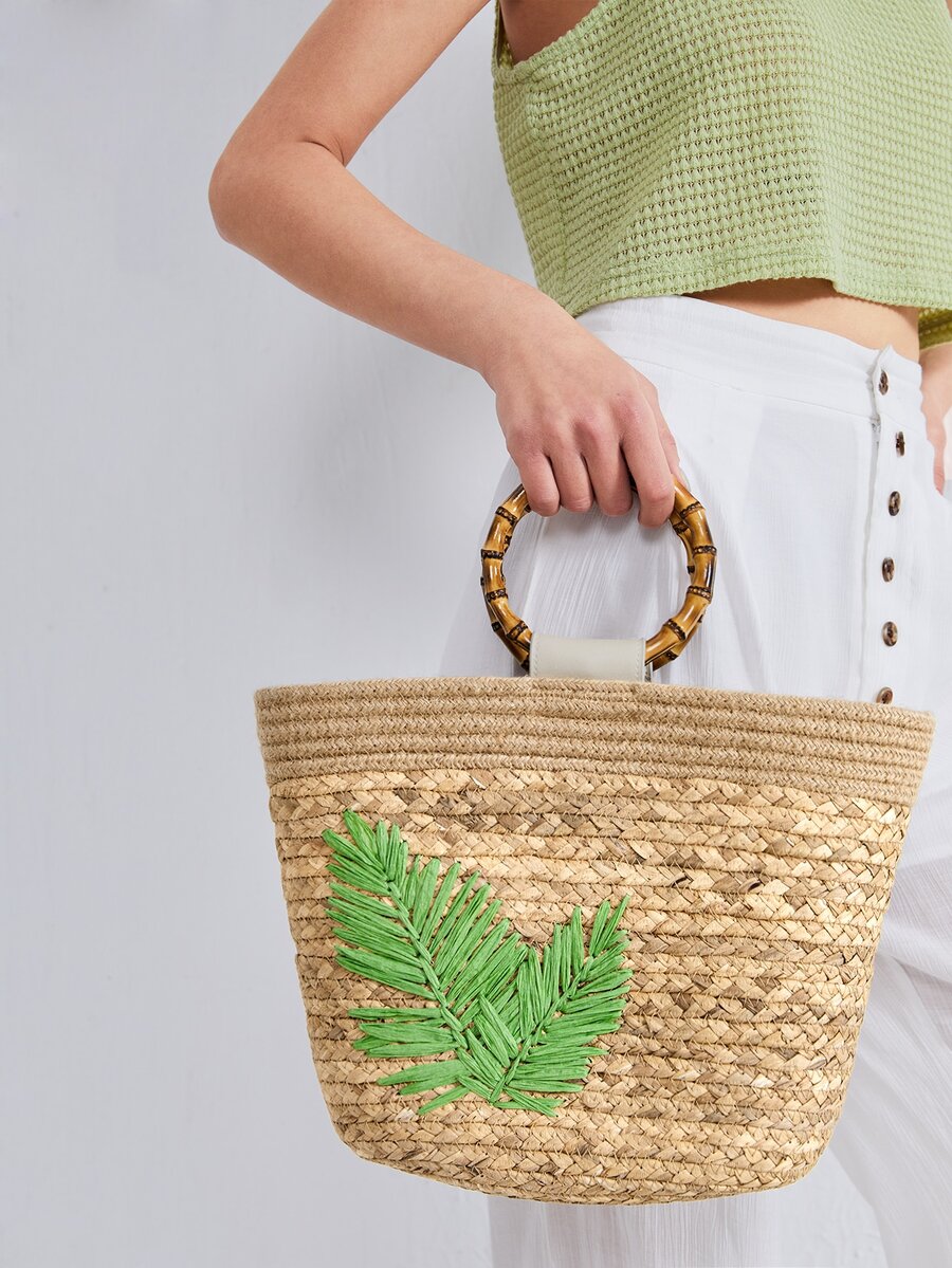 Leaf Appliques Vacation Design Straw Tote Bag - Brown - View 1