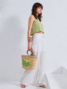 Leaf Appliques Vacation Design Straw Tote Bag - Brown - View 3