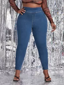 Quần Denim kích thước lớn màu trơn - Rửa trung bình - Xem 1