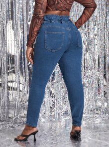 Quần Denim kích thước lớn màu trơn - Rửa trung bình - Xem 2