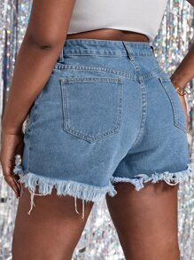 大碼破洞毛邊牛仔短褲 - 中等水洗藍 - 查看 2