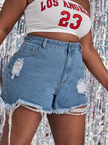 大碼破洞毛邊牛仔短褲 - 中等水洗藍 - 查看 4