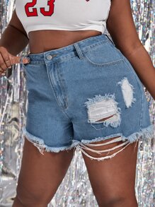 大碼破洞毛邊牛仔短褲 - 中等水洗藍 - 查看 5