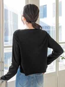 DAZY Áo thun nữ Bất đối xứng Nút phía trước màu trơn Giải trí - màu đen - Xem 2