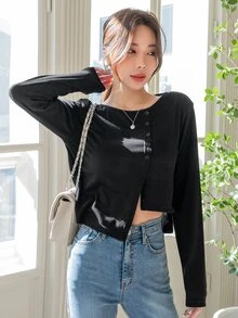 DAZY Áo thun nữ Bất đối xứng Nút phía trước màu trơn Giải trí - màu đen - Xem 4