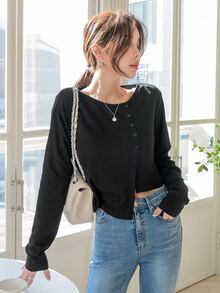 DAZY Áo thun nữ Bất đối xứng Nút phía trước màu trơn Giải trí - màu đen - Xem 5