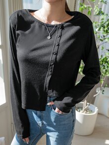 DAZY Áo thun nữ Bất đối xứng Nút phía trước màu trơn Giải trí - màu đen - Xem 6