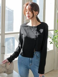 DAZY Áo thun nữ Bất đối xứng Nút phía trước màu trơn Giải trí - màu đen - Xem 7