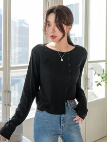 DAZY Áo thun nữ Bất đối xứng Nút phía trước màu trơn Giải trí - màu đen - Xem 8