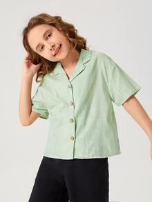 SHEIN 女孩缺口領單排釦襯衫 - 青檸色 - 查看 3