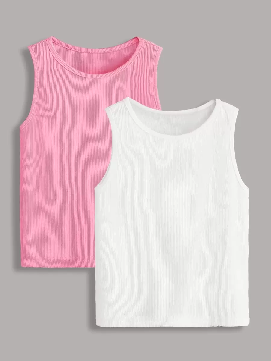 Tween Girl 2pcs Solid Crew Neck Tank Top - Multicolor - View 1