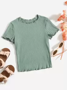 SHEIN 女孩生菜邊羅紋針織t恤 - 薄荷綠 - 查看 1