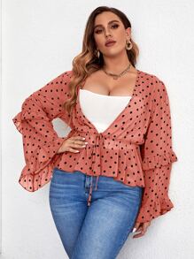大碼波點圖案荷葉邊前打結荷葉邊下擺襯衫 - 紅木色 - 查看 3