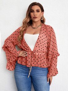 大碼波點圖案荷葉邊前打結荷葉邊下擺襯衫 - 紅木色 - 查看 4