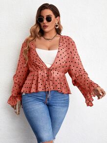 大碼波點圖案荷葉邊前打結荷葉邊下擺襯衫 - 紅木色 - 查看 5