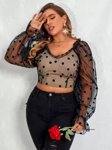 áo nữ kích thước lớn viền lá sen Xù Dải chun Chấm bi Thanh lịch - màu đen - Xem 1