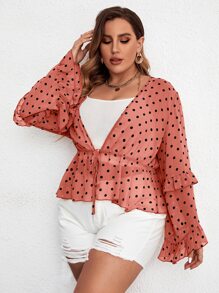 大碼波點圖案荷葉邊前打結荷葉邊下擺襯衫 - 紅木色 - 查看 6