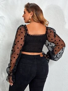 áo nữ kích thước lớn viền lá sen Xù Dải chun Chấm bi Thanh lịch - màu đen - Xem 2