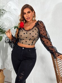 áo nữ kích thước lớn viền lá sen Xù Dải chun Chấm bi Thanh lịch - màu đen - Xem 6