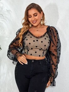 áo nữ kích thước lớn viền lá sen Xù Dải chun Chấm bi Thanh lịch - màu đen - Xem 7