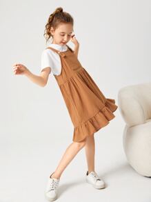 SHEIN 女孩口袋貼布荷葉邊背帶裙不帶T恤 - 棕色 - 查看 3