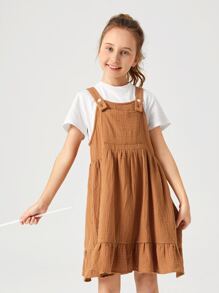 SHEIN 女孩口袋貼布荷葉邊背帶裙不帶T恤 - 棕色 - 查看 4