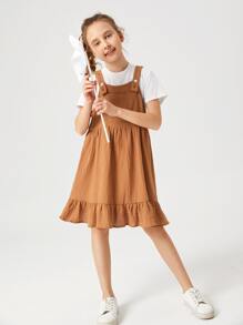 SHEIN 女孩口袋貼布荷葉邊背帶裙不帶T恤 - 棕色 - 查看 5